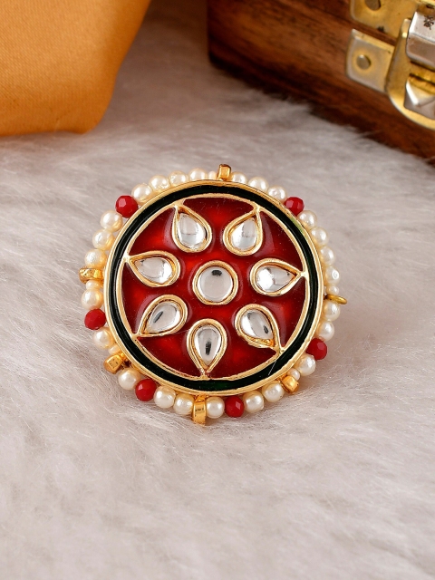 

DASTOOR Gold-Plated White & Red Kundan Studded Meenakari Adjustable Finger Ring