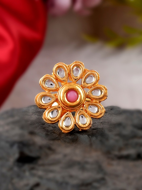 

DASTOOR Women Gold-Plated White & Pink Kundan-Studded Adjustable Finger Ring
