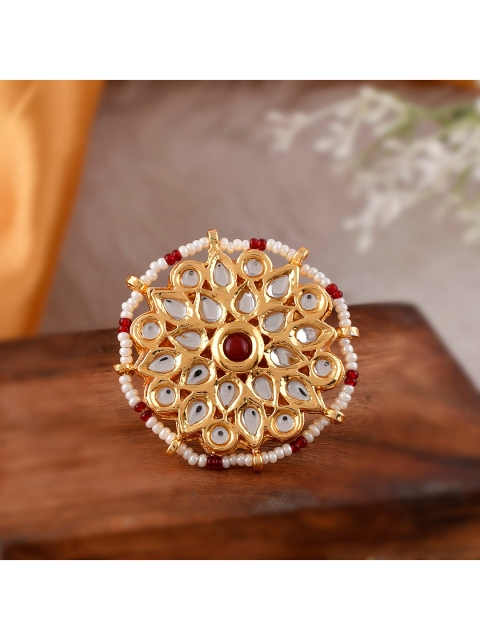 

DASTOOR Women Gold-Plated Maroon Red Kundan Studded & Beaded Adjustable Finger Ring