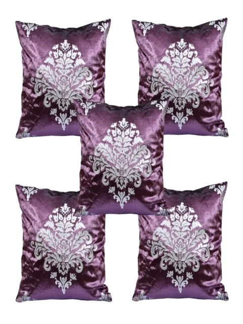 

INDHOME LIFE Purple & White Set of 5 Floral Velvet Square Cushion Covers