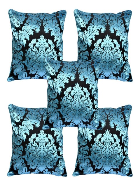 

INDHOME LIFE Turquoise Blue Set of 5 Floral Velvet Square Cushion Covers
