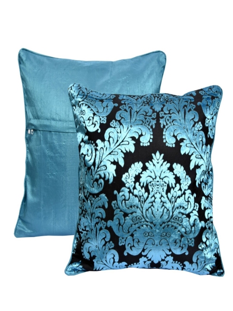 

INDHOME LIFE Turquoise Blue & Black Set of 2 Floral Velvet Square Cushion Covers