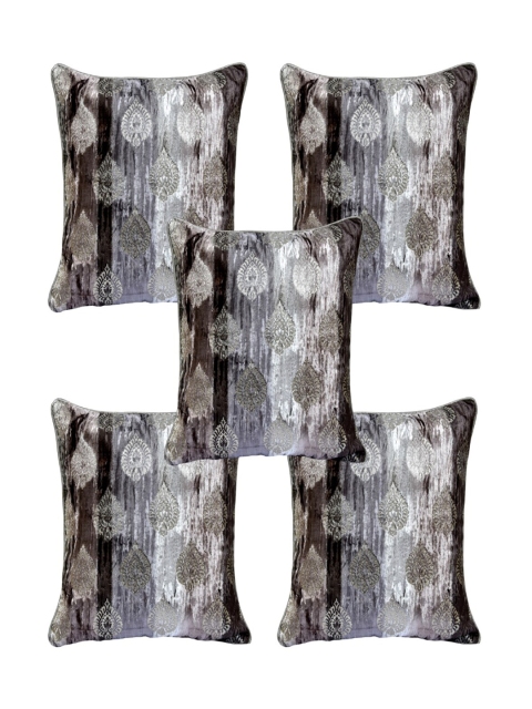 

INDHOME LIFE Grey & Gold-Toned Set of 5 Floral Velvet Square Cushion Covers