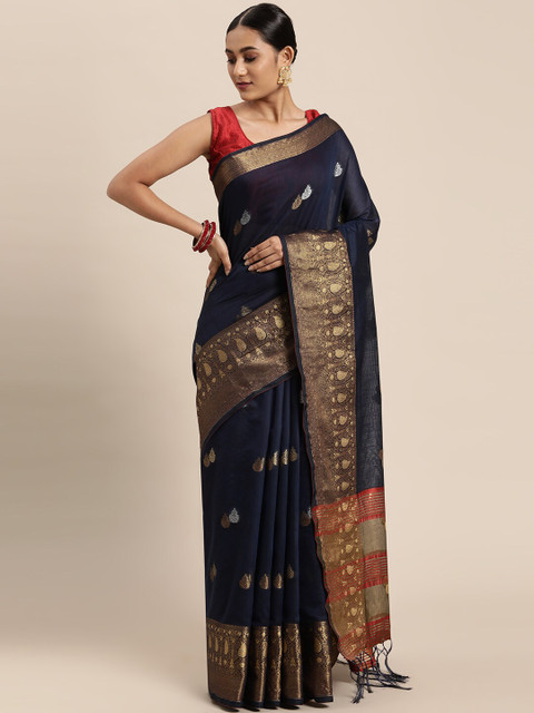 

GAJARAI Navy Blue & Red Woven Design Zari Silk Cotton Chanderi Saree