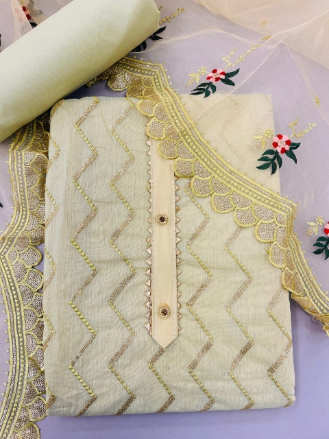

JATRIQQ Women Sea Green & Gold-Toned Embroidered Unstitched Dress Material