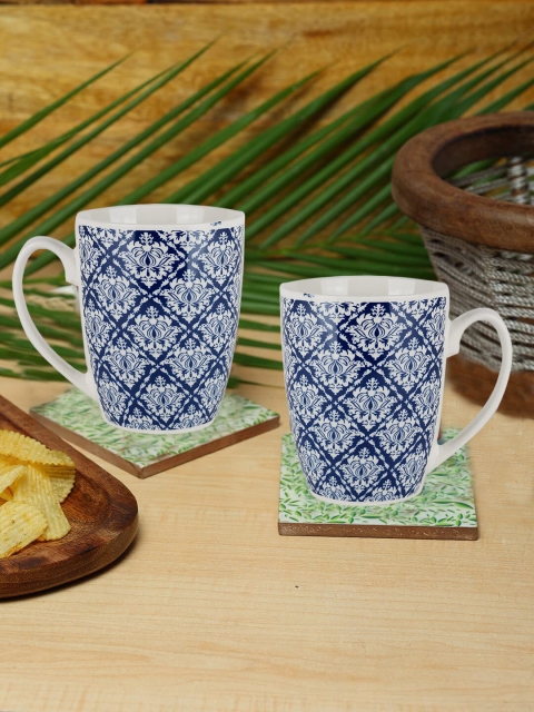 

ZEVORA Set of 2 White & Blue Floral Printed Ceramic Glossy Mugs