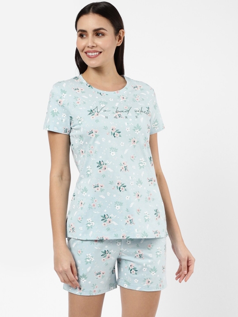 

SDL by Sweet Dreams Women Turquoise Blue & White Printed Pure Cotton Night suit