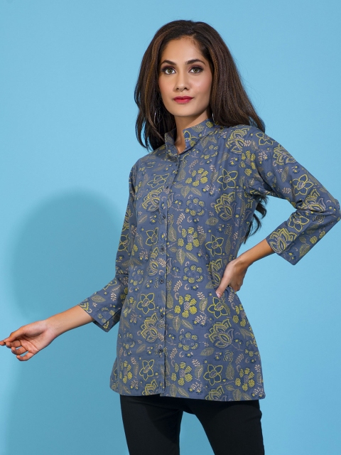 

POONAM DESIGNER Grey & Yellow Floral Print Mandarin Collar Shirt Style Top
