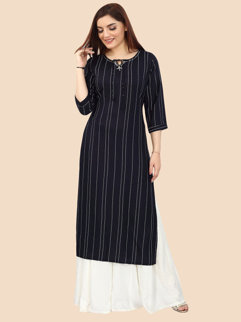 

FEMMIBELLA Women Navy Blue Striped Straight Cut Kurta