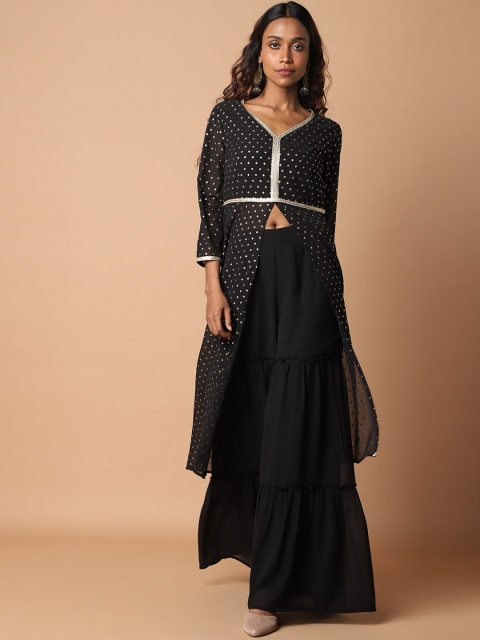 

KHWAABI Women Black Geometric Embroidered Georgette Kurta