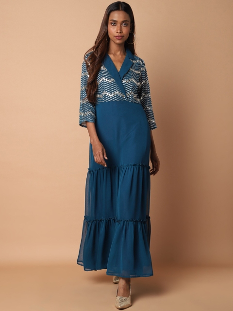 

KHWAABI Women Blue Yoke Design Tiered Georgette Kurta
