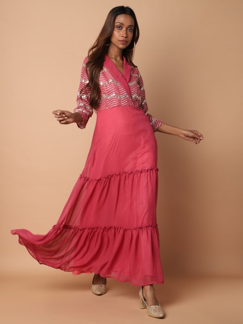

KHWAABI Women Pink Embellished Georgette Kurta