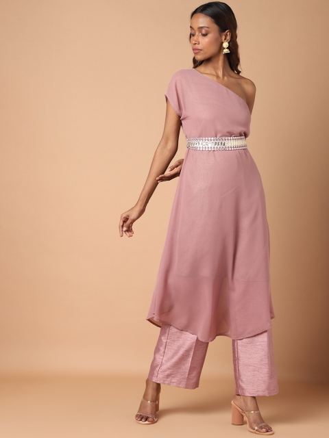 

KHWAABI Women Pink Off-Shoulder Extended Sleeves Georgette Kurta