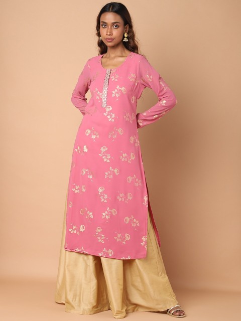

KHWAABI Women Pink Embroidered Georgette Kurta