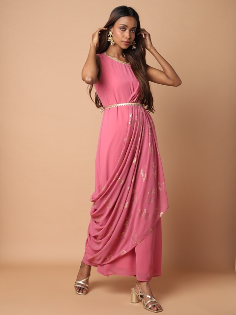 

KHWAABI Women Pink Striped Georgette Kurta