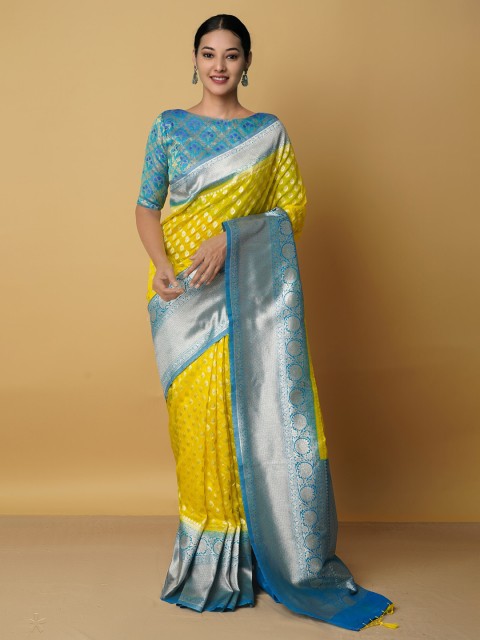 

Unnati Silks Yellow & Blue Woven Design Silk Cotton Kanjeevaram Saree