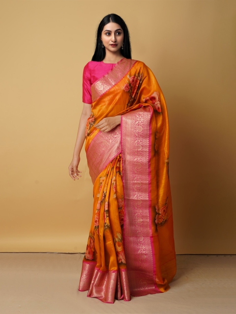 

Unnati Silks Orange & Pink Woven Design Zari Silk Cotton Kanjeevaram Saree