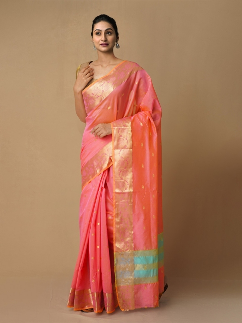 

Unnati Silks Pink & Blue Woven Design Silk Cotton Baluchari Saree