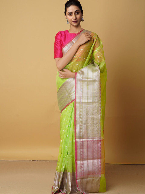 

Unnati Silks Green & Silver-Toned Woven Design Silk Cotton Banarasi Saree