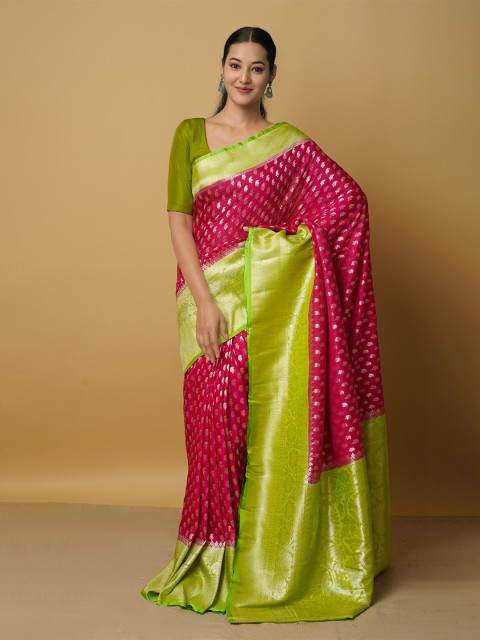 

Unnati Silks Pink & Green Woven Design Zari Silk Cotton Kanjeevaram Saree