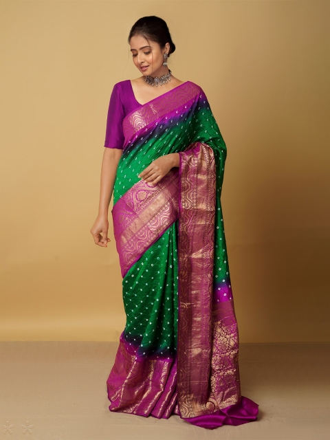 

Unnati Silks Green & Purple Woven Design Zari Pure Silk Kanjeevaram Saree