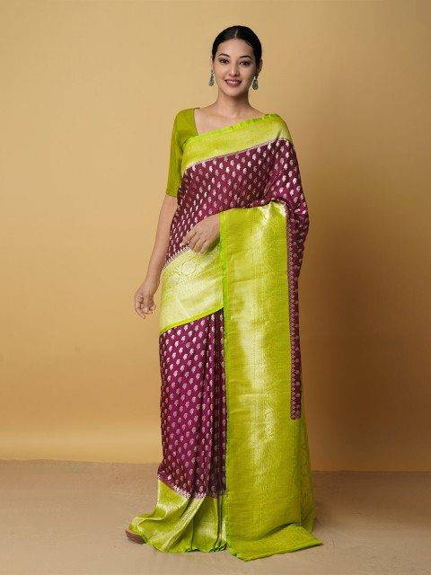 

Unnati Silks Purple & Green Woven Design Zari Silk Cotton Kanjeevaram Saree