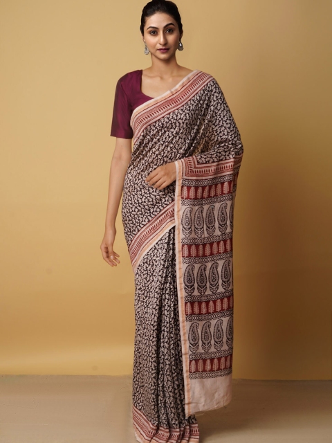 

Unnati Silks Black & Cream-Coloured Bagh Pure Cotton Chanderi Saree