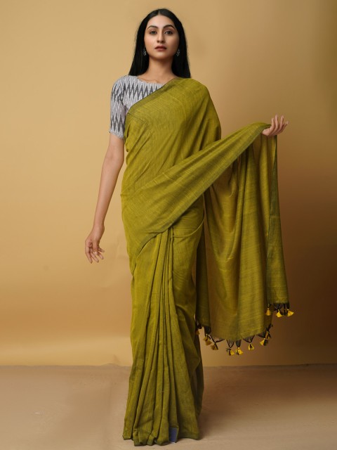 

Unnati Silks Yellow Pure Linen Jamdani Saree