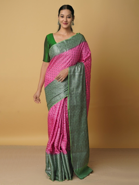 

Unnati Silks Pink & Green Woven Design Zari Silk Cotton Kanjeevaram Saree