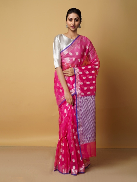 

Unnati Silks Pink & Purple Ethnic Motifs Zari Silk Cotton Banarasi Saree