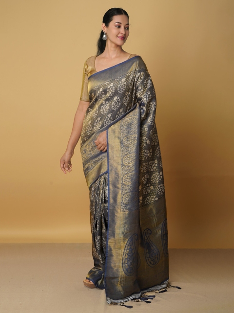 

Unnati Silks Navy Blue & Gold-Toned Ethnic Motifs Zari Silk Cotton Kanjeevaram Saree