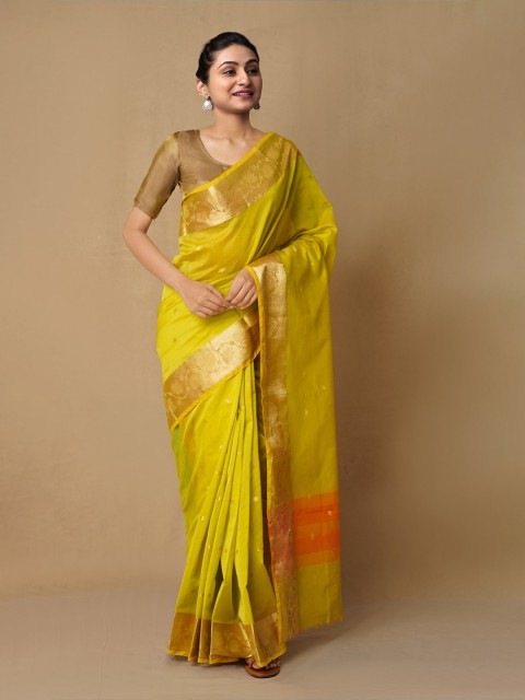 

Unnati Silks Green & Orange Woven Design Zari Silk Cotton Baluchari Saree