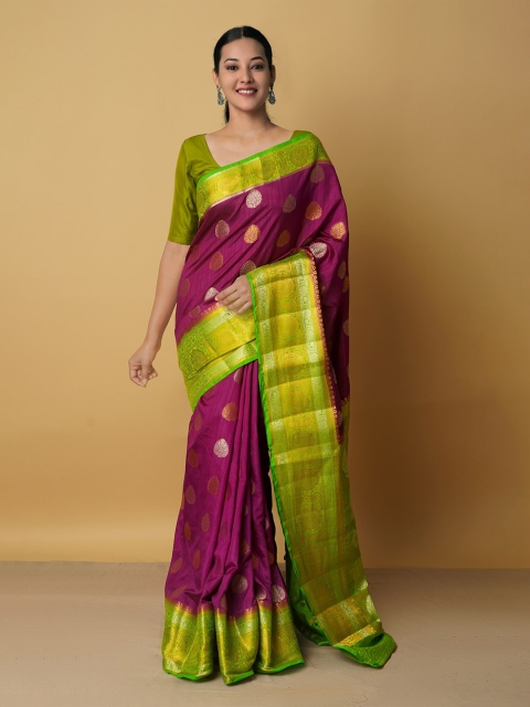 

Unnati Silks Purple & Green Woven Design Zari Silk Blend Kanjeevaram Saree