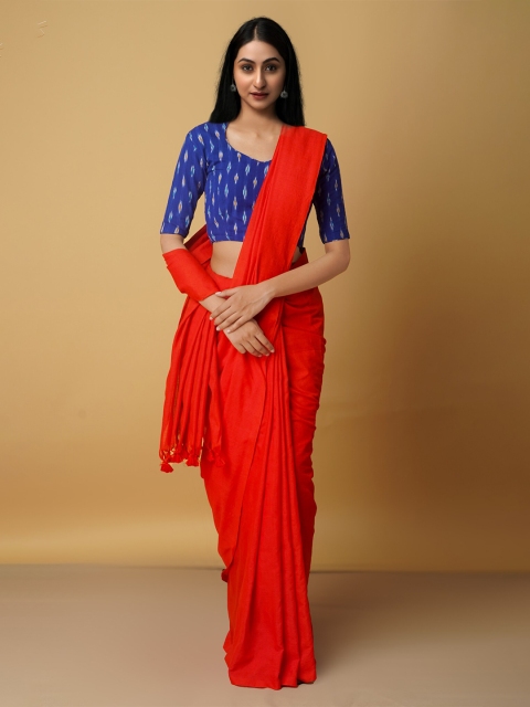 

Unnati Silks Red & Blue Pure Linen Jamdani Saree