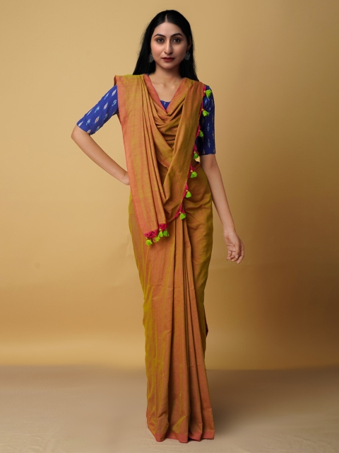 

Unnati Silks Mustard & Pink Pure Linen Jamdani Saree