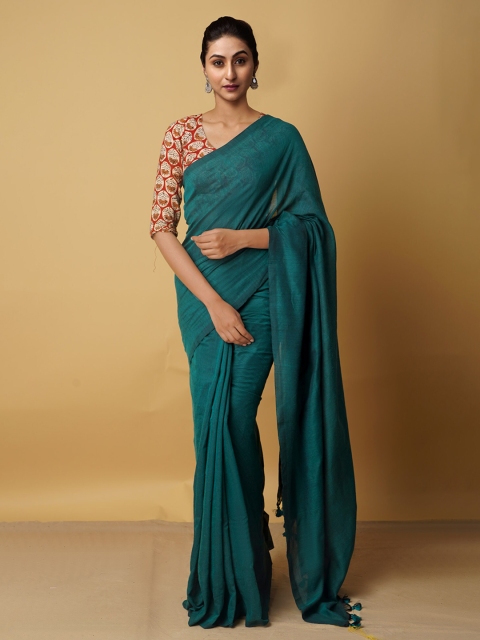 

Unnati Silks Green & Red Woven Design Pure Linen Jamdani Saree