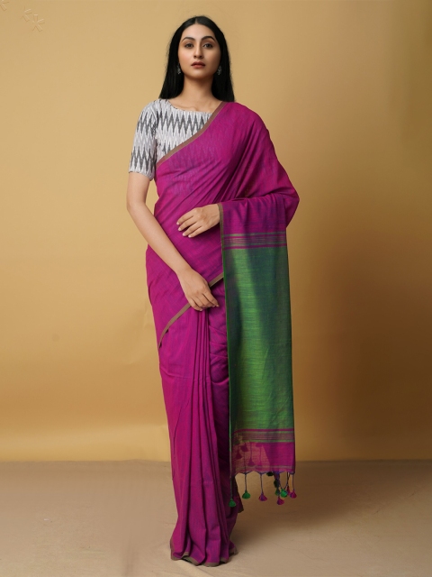 

Unnati Silks Pink & Green Woven Design Zari Pure Linen Jamdani Saree