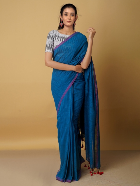 

Unnati Silks Blue & Maroon Pure Linen Jamdani Saree