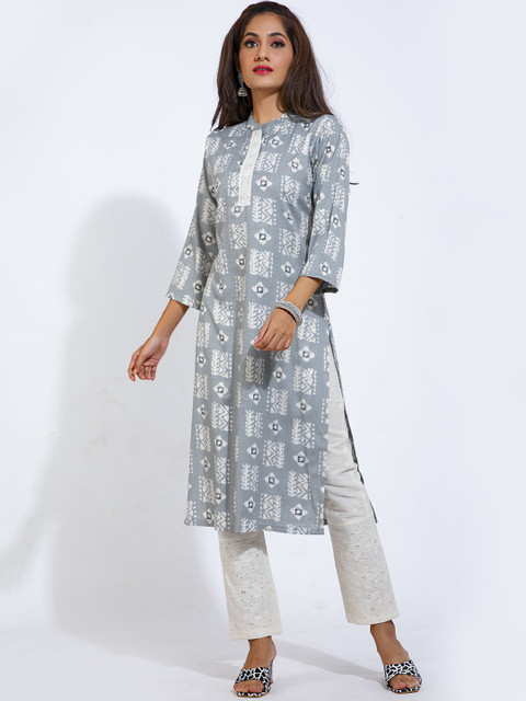 

POONAM DESIGNER Women Grey Ethnic Motifs Printed Pure Cotton Kurta with Trousers