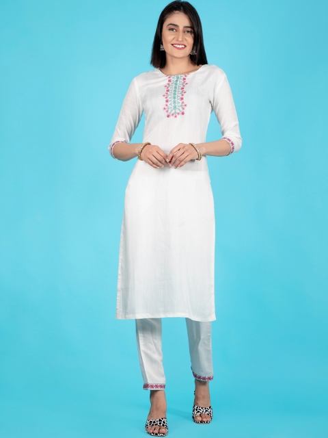 

POONAM DESIGNER Women White Yoke Design Kurti with Trousers