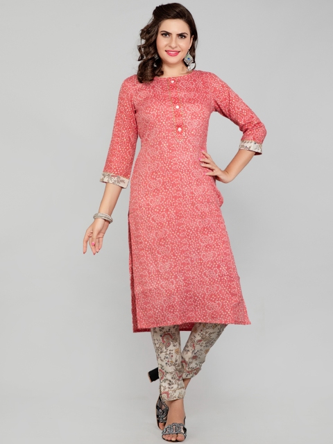 

POONAM DESIGNER Women Pink Bandhani Printed Pure Cotton Kurta with Churidar