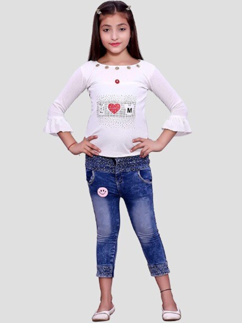 

Elendra jeans Girls White & Blue Embellished Top with Capris casual WEAR Slim FIT
