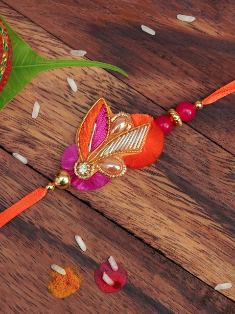 

The Magic Wand Orange & Pink Beaded Thread Rakhi With Roli-Chawal