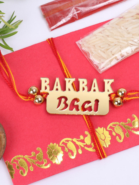 

The Magic Wand Gold-Toned & Red Beaded Engrave Rakhi
