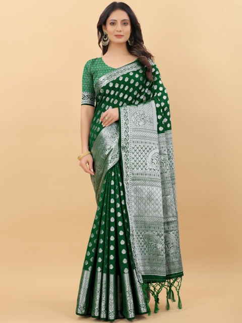 

WEAVETECH IMPEX Green & Silver-Toned Woven Design Silk Cotton Banarasi Saree