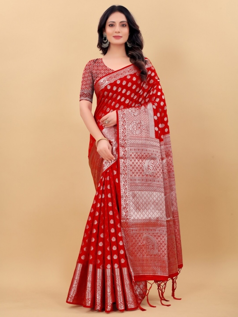 

WEAVETECH IMPEX Women Red & Silver-Toned Woven Design Zari Silk Cotton Banarasi Saree