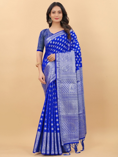 

WEAVETECH IMPEX Blue & Silver-Toned Woven Design Zari Silk Cotton Banarasi Saree