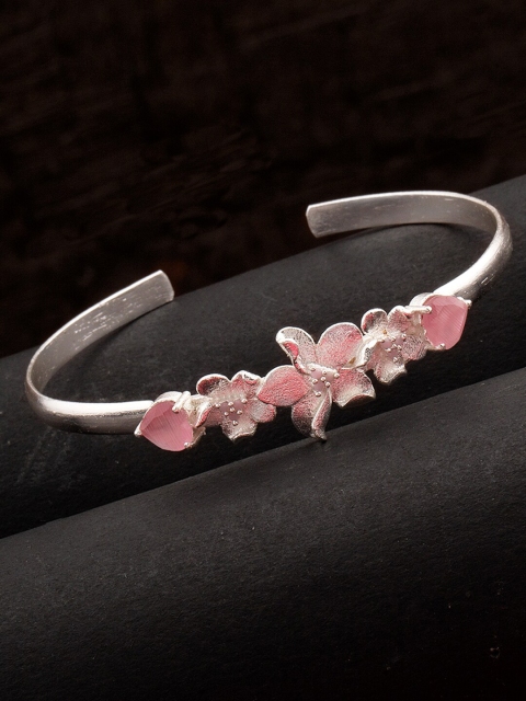 

Voylla Women Silver-Toned & Pink Brass Silver-Plated Floral Cuff Bracelet