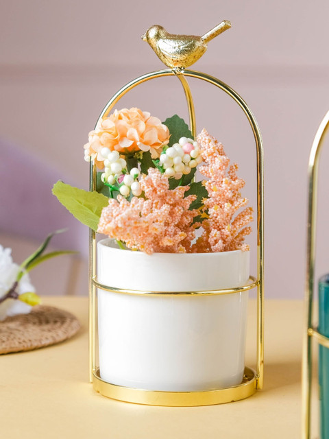 

Nestasia White & Gold-Toned Metal Bird Planter