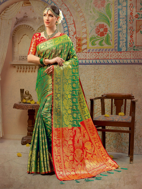 

Ethnic Junction Women Green Silk Blend Banarsi Woven Saree